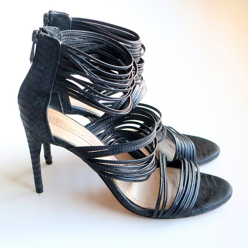 BCBGMaxAzria Pex Black Leather Strappy Heels / Sandals / Dress Shoes Size 6.5